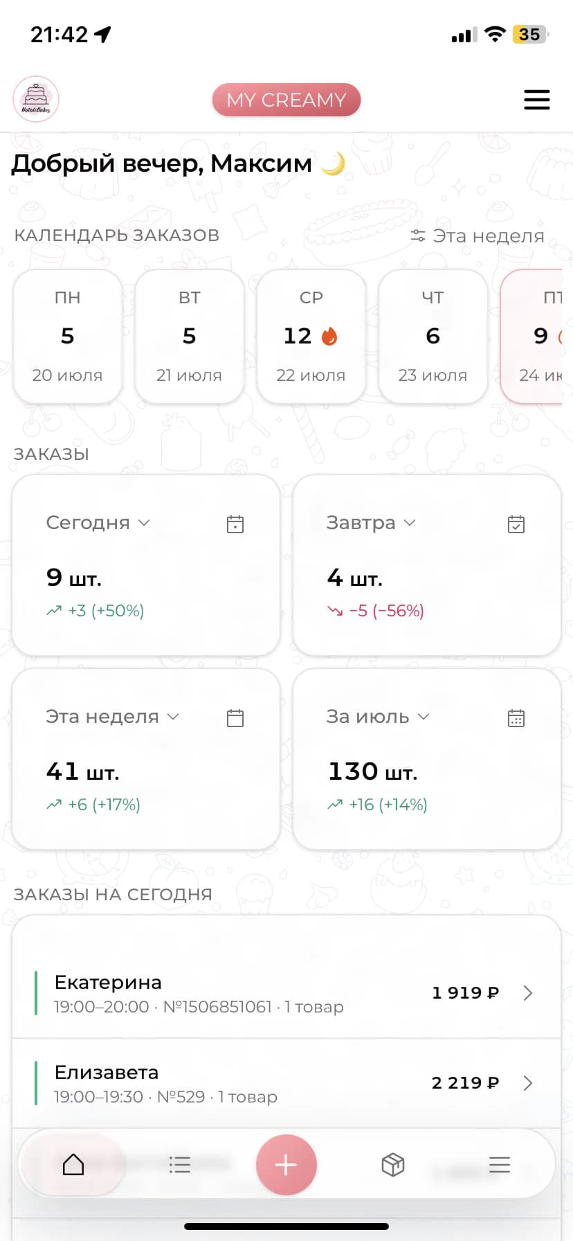 Главный дашборд мобильной версии Creamy